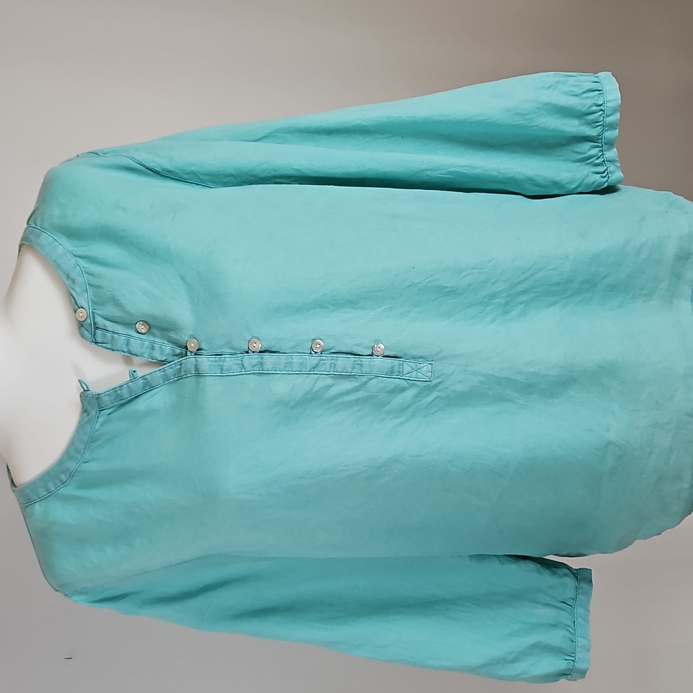 Nicole Miller Linen Popover Top Full Sleeve Smocked Blue Peasant Boho LG